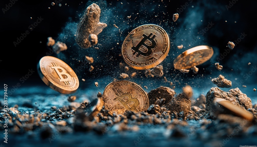 Poster dynamic bitcoin explosion a high-resolution image showcasing the volatility and disruption in the cr