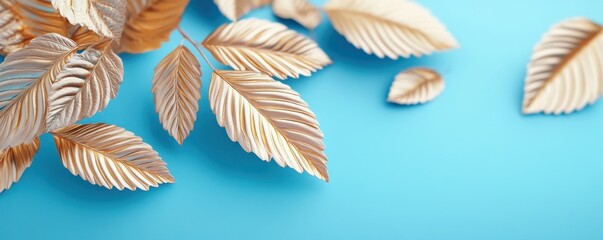 Obraz premium Elegant Golden Leaves on Light Blue Background, a captivating closeup image, showcasing delicate golden leaves creating an artistic pattern, perfect for seasonal design, backgrounds, wallpapers and