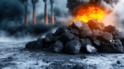 A captivating yet alarming image of massive flames and smoke engulfing piles of dark rocks, symbolizing the struggle between industrial progress and environmental concern.