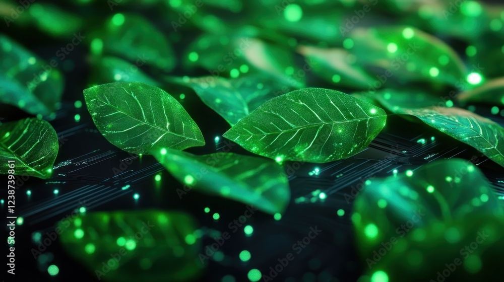 Poster experience the mesmerizing fusion of nature and technology with these vibrant green leaves intricate