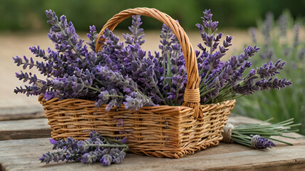 Lavender bouquet in wicker basket Straw basket with dry lavender in lavander fields in Valensole. Provence, France. forest background,