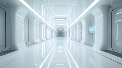 Obraz premium Futuristic Corridor With White Walls And Reflective Floor Leading To A Distant Exit View