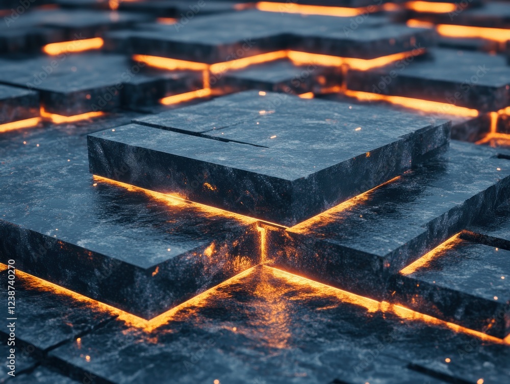 Aufkleber explore this mesmerizing abstract 3d rendered image of interconnected dark squares glowing with fier