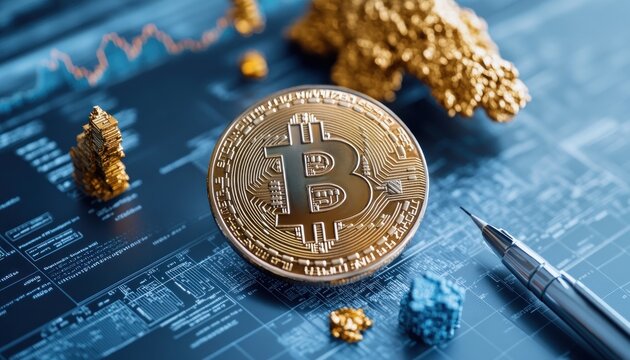 Explore the volatile world of cryptocurrency with a closeup image of a shiny gold bitcoin coin surrounded by gold nuggets and a sleek pen, all resting on a financial chart background showcasing