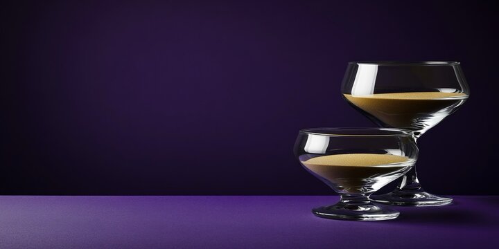 Due bicchieri di cocktail posizionati su una superficie viola, con un fondo blu scuro da personalizzare