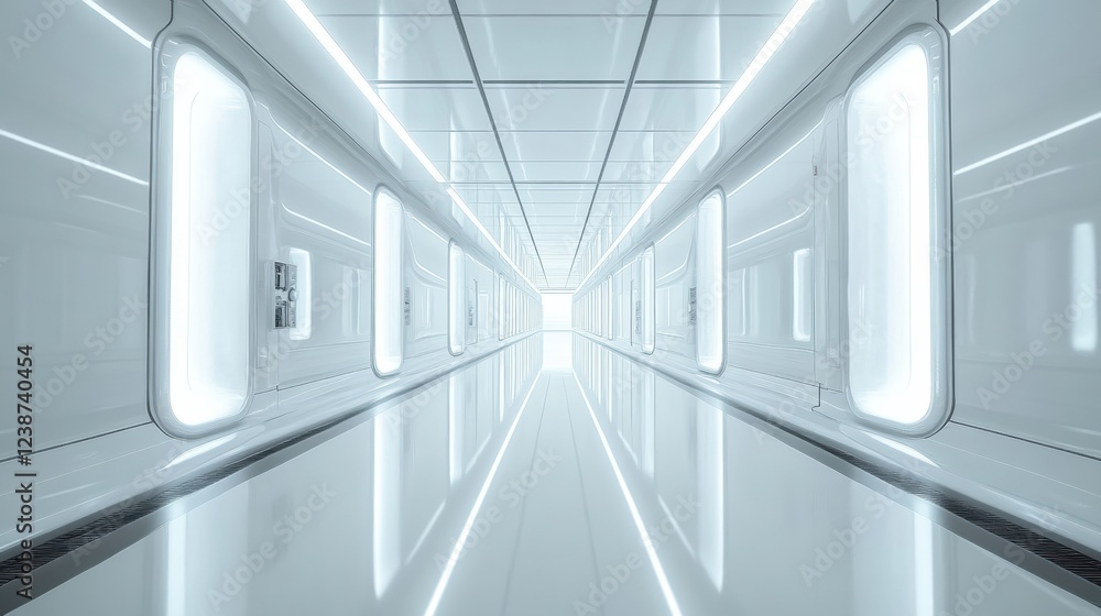 Aufkleber futuristic tunnel with illuminated windows and smooth white reflective surface perspective view