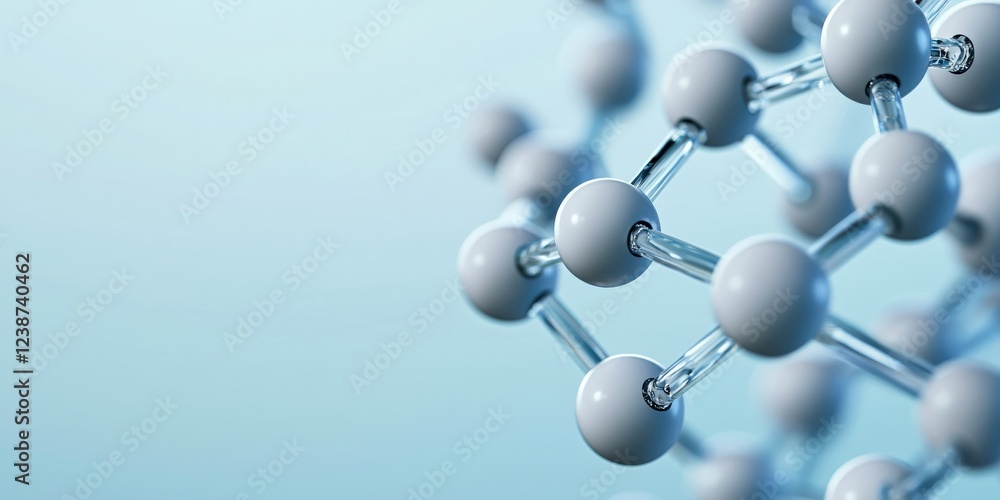 Poster material science nano concept. molecular structure with spheres and connections in a soft blue backg