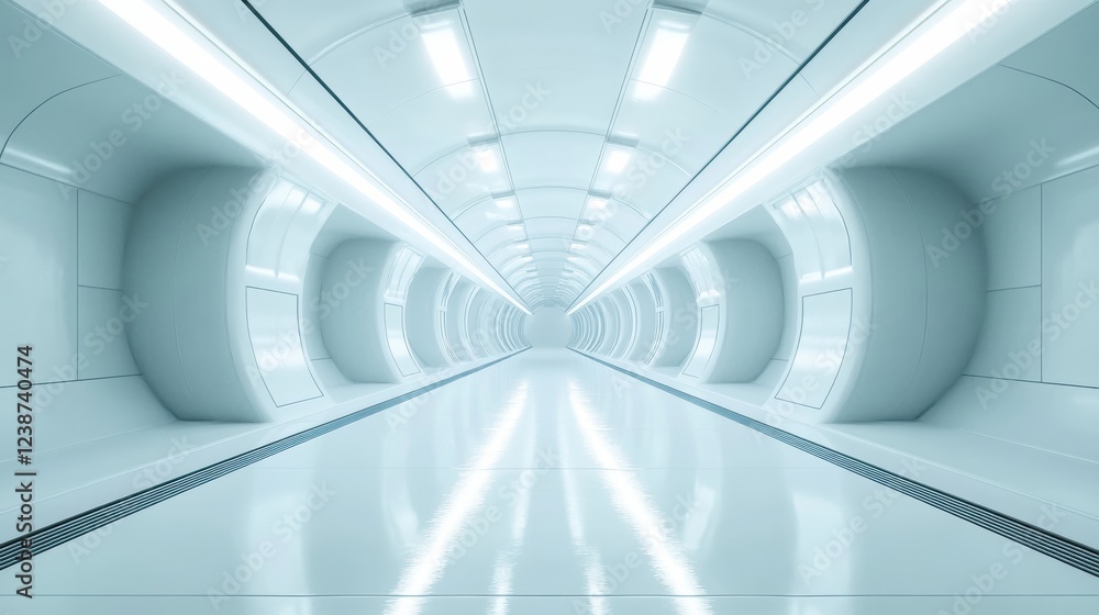 Poster futuristic tunnel with symmetrical design and pale cyan color scheme leading into infinity