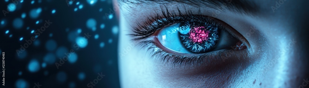 Aufkleber futuristic eye close-up with sci-fi digital iris and glowing bokeh background, a captivating image s
