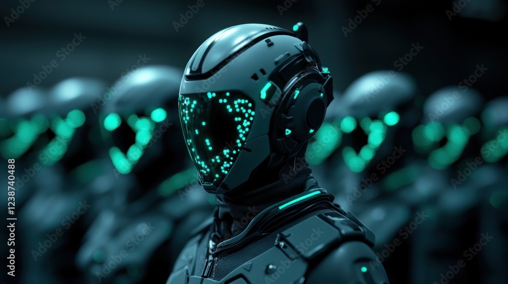 Poster futuristic robot army assembling a high-resolution image of cybernetic soldiers in uniform, demonstr
