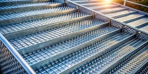Metallic Staircase with Gridded Treads and Handrail in Sunlight