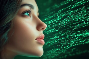 Futuristic Female Portrait with Digital Circuitry Overlay, Capturing the Essence of Technological Innovation and Artificial Intelligence, Showing a Close-up Profile View of a Woman's Face with