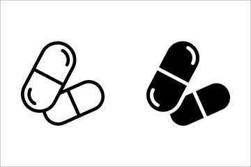 Pills and Tablets, linear style icon set. Various shapes and forms of medicinal capsules. Medicinal compounds and pharmaceutical products.