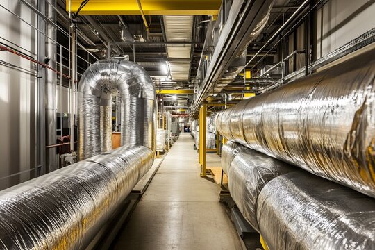 Thermal insulation applied to metal pipes and ventilation ducts in a large industrial facility.