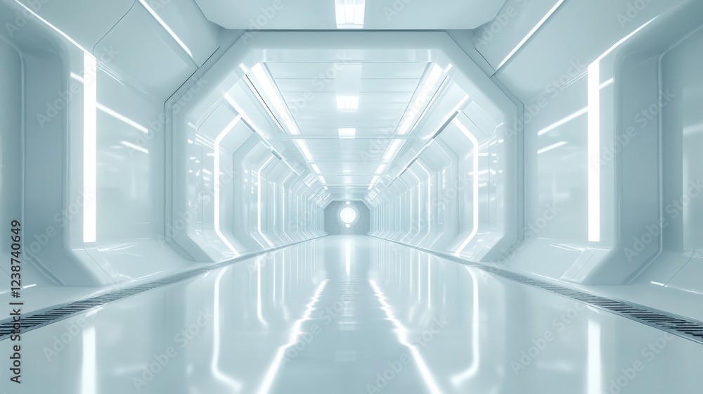 Poster Futuristic White Corridor Lit with Linear Lights Creating a Sense of Depth and Perspective
