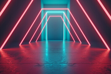 Neon glowing lights stage with 80s retro art, featuring laser lines and LED technology that create a vibrant glow in a dark room Synthwave style background perfect for a cyber club scene