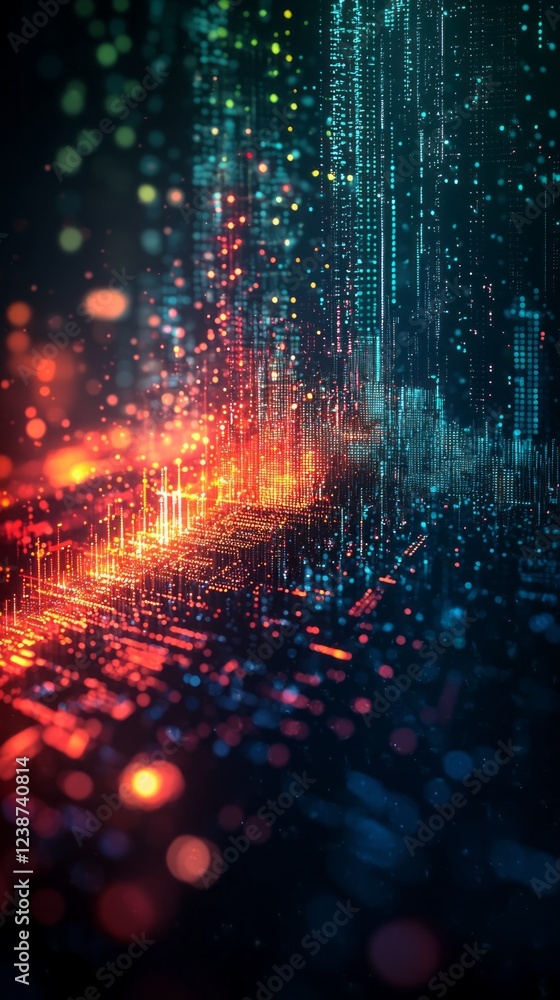 Poster A mesmerizing display of bright hues and dynamic light, representing an ethereal digital terrain. Specks of color dance above a sea of flowing data, creating an enchanting visual experience