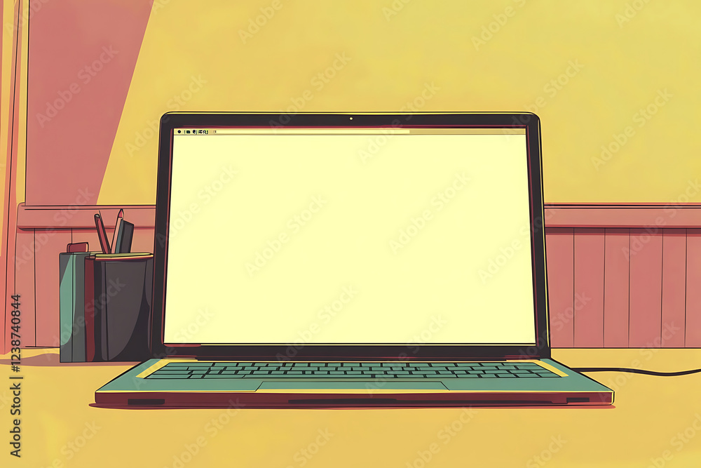 Fototapete a laptop computer with a blank screen, laptop with blank screen, yellow background, 3d rendering