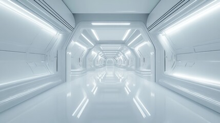 Obraz premium Futuristic White Corridor With Bright Light Panels Creating A Sci Fi Tunnel Perspective