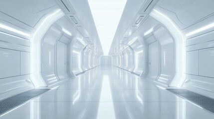 Futuristic White Corridor With Glowing Accents And Clean Lines Inside A Modern Spaceship Or Station