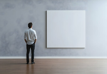 Obraz premium Contemplation Before Blank Canvas: A Man Gazing at a Large White Painting in a Minimalist Interior