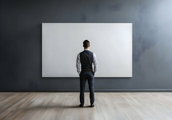 Fototapeta premium Contemplation before a Blank Canvas: A Man in a Gallery
