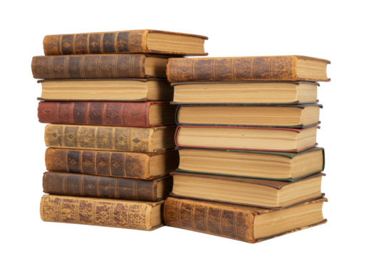 A stack of old vintage books with worn leather covers and textured spines, isolated on white background