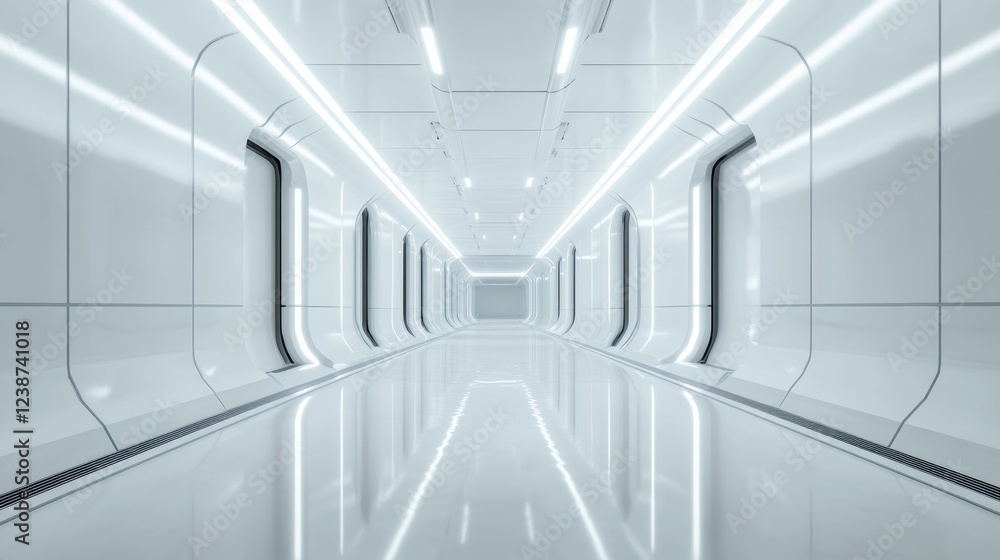 Aufkleber futuristic white corridor with glowing light panels creating symmetrical lines and reflections