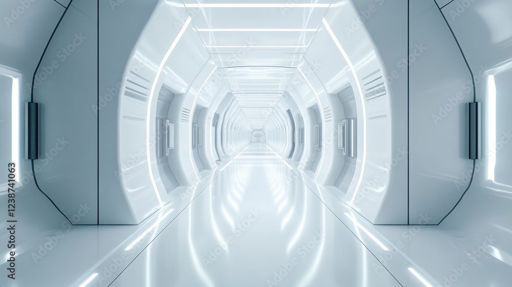 Poster futuristic white corridor with glowing lights and geometric architecture design perspective view