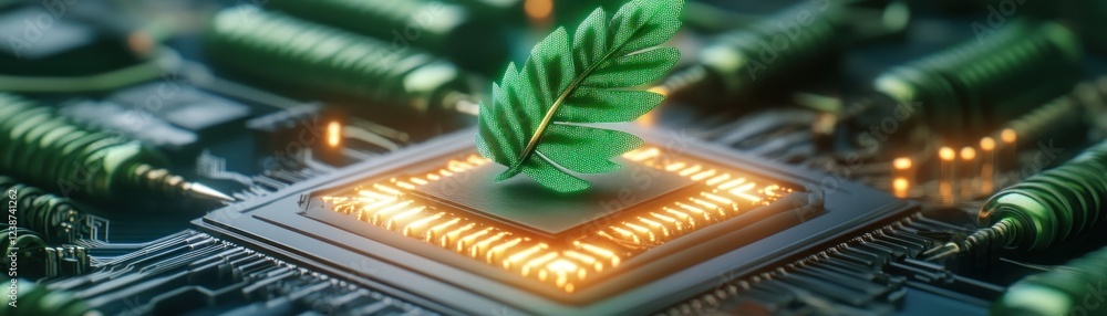 Poster green technology integration explore a close-up image of a single green leaf growing from a computer