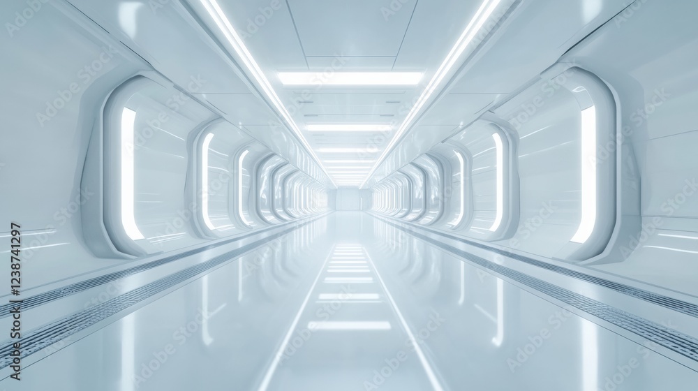 Poster futuristic white corridor with illuminated windows in a spacecraft or high tech building