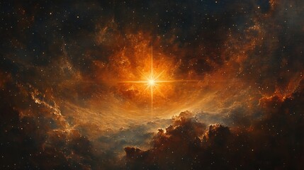 Fototapeta premium Fiery star bursts brightly through cosmic clouds glowing intensely in deep space. AI Generated