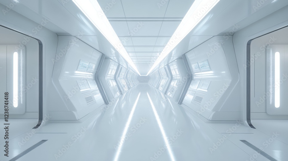 Poster futuristic white corridor with luminescent panels and glossy floor leading into the unknown space