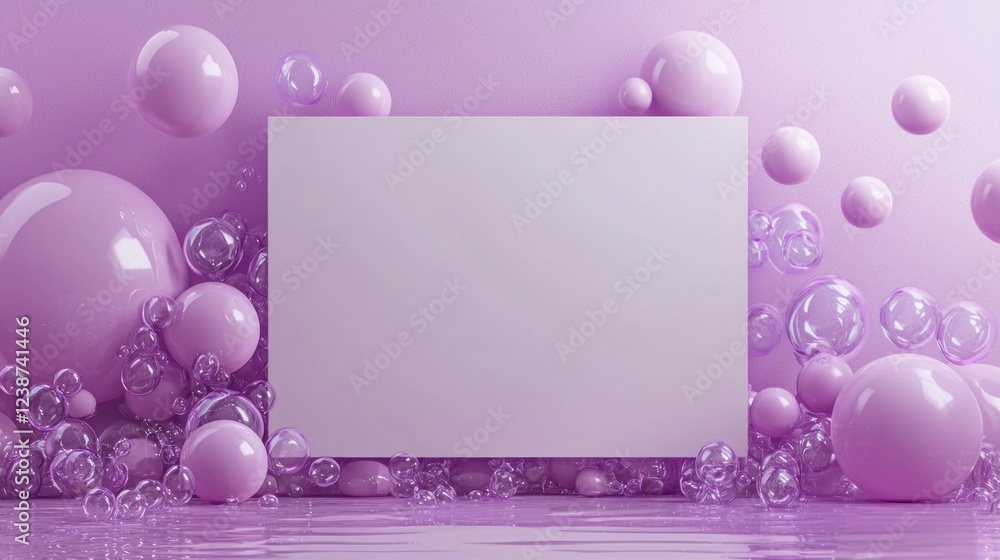 Poster A gentle display of glossy purple spheres and translucent bubbles surrounds a blank canvas, inviting creativity and imagination in a calming atmosphere