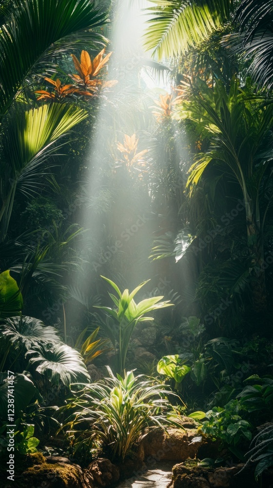 Poster soft rays of sunlight stream through dense foliage in a vibrant jungle, illuminating various plants 