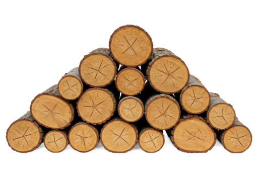 Pile of neatly stacked tree logs with bark texture visible, isolated on white background