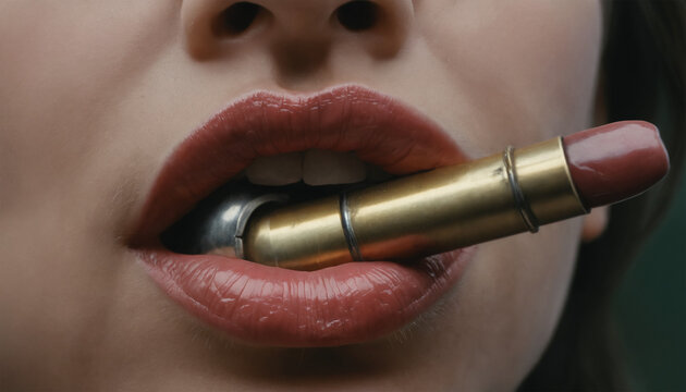 Close-Up of a Woman Holding a Lipstick Bullet in Her Mouth, Between Her Red Lips.
