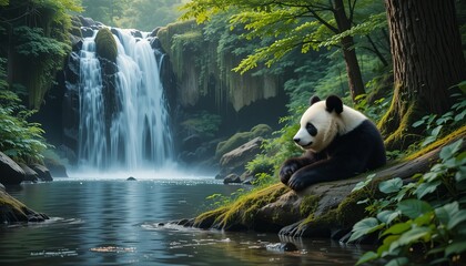 Serene panda bear resting by a waterfall in a lush forest.
