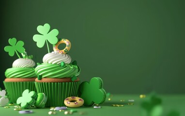 Cute Saint Patrick Day setting with lucky charms, green cupcakes, and a playful blank space for a message