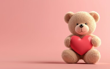 Cute Valentines Day teddy bear holding a heart-shaped pillow, placed against a soft pink gradient background with space for text