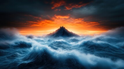 A striking silhouette of an island emerges from tumultuous, fiery waters, creating a powerful visual narrative that explores themes of mystery and untamed nature.