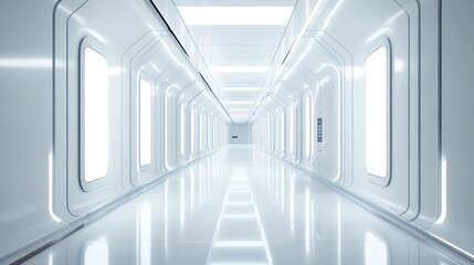 Obraz premium Futuristic White Hallway Perspective With Luminous Panels And Reflective Floor Design