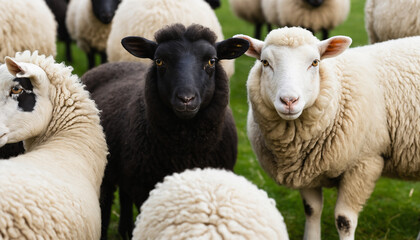 Black Sheep Standing in the Middle of a White Sheep Crowd. Black Sheep Surrounded by a Crowd of White Sheep. Metaphorical Scene. Standing out from the crowd black sheep among a flock of white sheep.