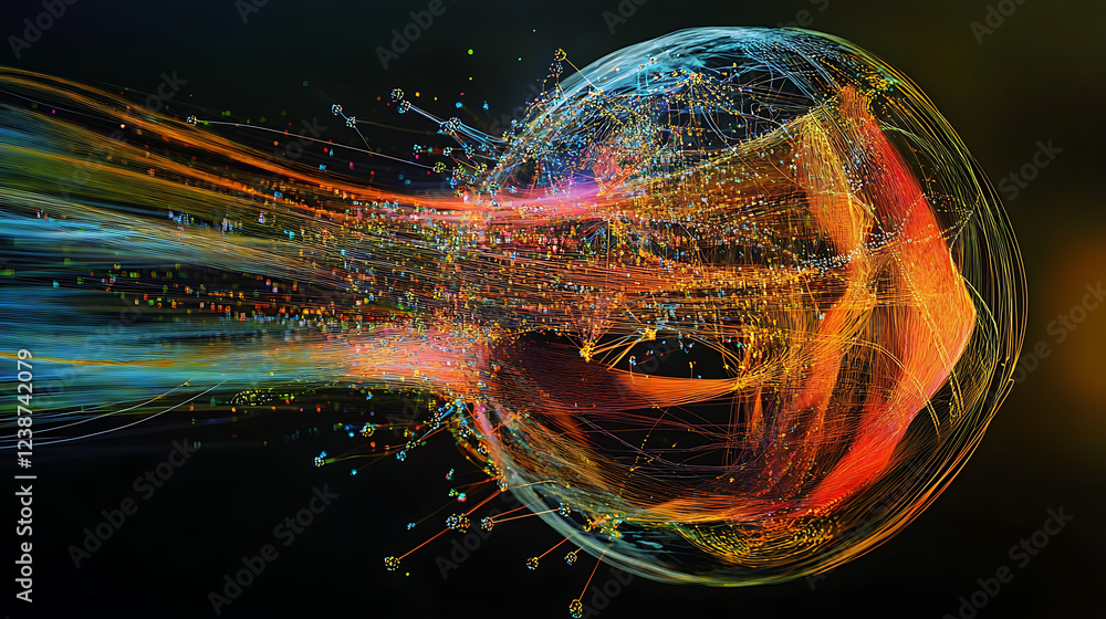 Poster a vibrant, abstract representation of a sphere with flowing colors and particles, evoking a sense of