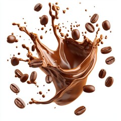 Dark coffee splash with swirling foam and coffee beans dynamically suspended isolated on white background