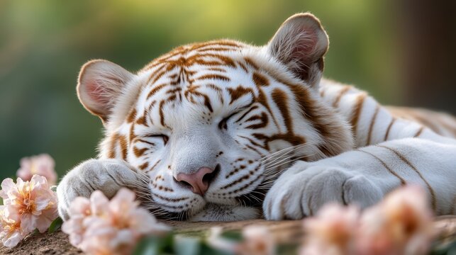 A peaceful white tiger sleeps among blooming flowers, embodying a sense of tranquility and beauty in nature while showcasing the grace and vulnerability of this magnificent creature.