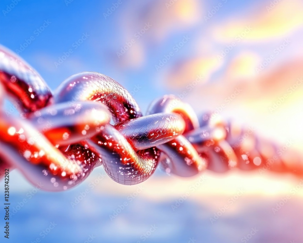 Poster shiny metal chain links against a vibrant sky, a conceptual image symbolizing strength and connectio