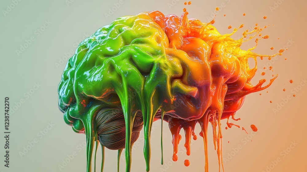 Poster vibrant melting brain sculpture with colorful splashes in an artistic display of creativity and imag