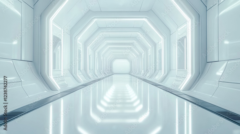 Poster futuristic white octagon corridor with glowing edges and reflective floor leading to a distant exit