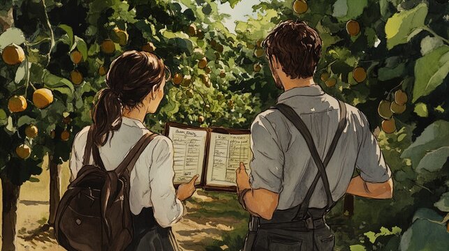 A couple stands in a sunlit orchard surrounded by lush green trees heavy with ripe, orange fruits, examining a menu or list presented in a book. The woman, dressed in a casual shirt and dark overalls, - Powered by Adobe